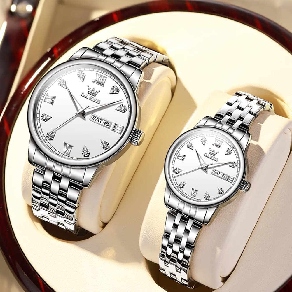 OLEVS Couple Watches Diamond Dial Day Date Quartz Watch 5525 Steel Band for His and Hers - Olevs Watch Store