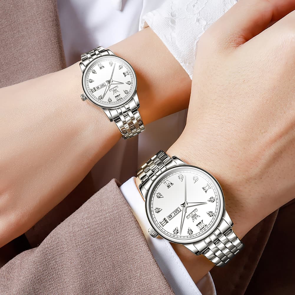 OLEVS Couple Watches Diamond Dial Day Date Quartz Watch 5525 Steel Band for His and Hers - Olevs Watch Store