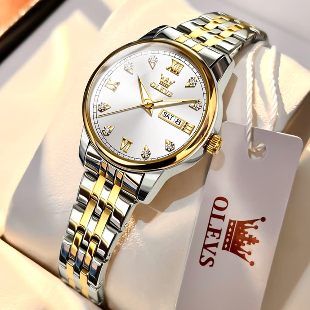 OLEVS Couple Watches Diamond Dial Day Date Quartz Watch 5525 Steel Band for His and Hers - Olevs Watch Store