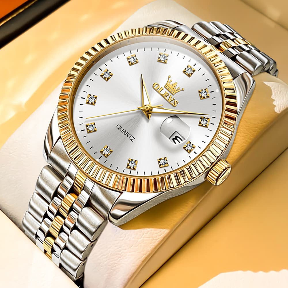 OLEVS Couple Watches Fluted Bezel Diamond Dial Quartz Watch 5526 Jubilee Band for His and Hers - Olevs Watch Store