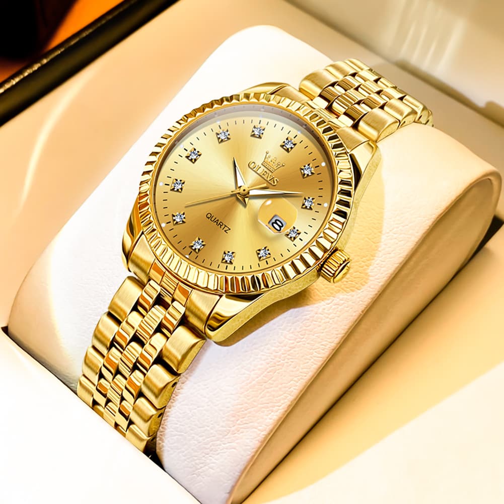 OLEVS Couple Watches Fluted Bezel Diamond Dial Quartz Watch 5526 Jubilee Band for His and Hers - Olevs Watch Store