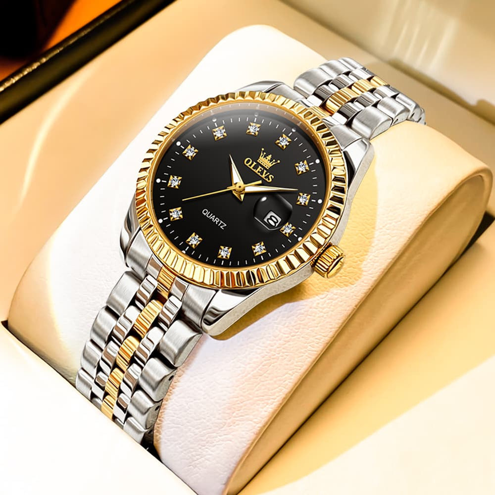 OLEVS Couple Watches Fluted Bezel Diamond Dial Quartz Watch 5526 Jubilee Band for His and Hers - Olevs Watch Store