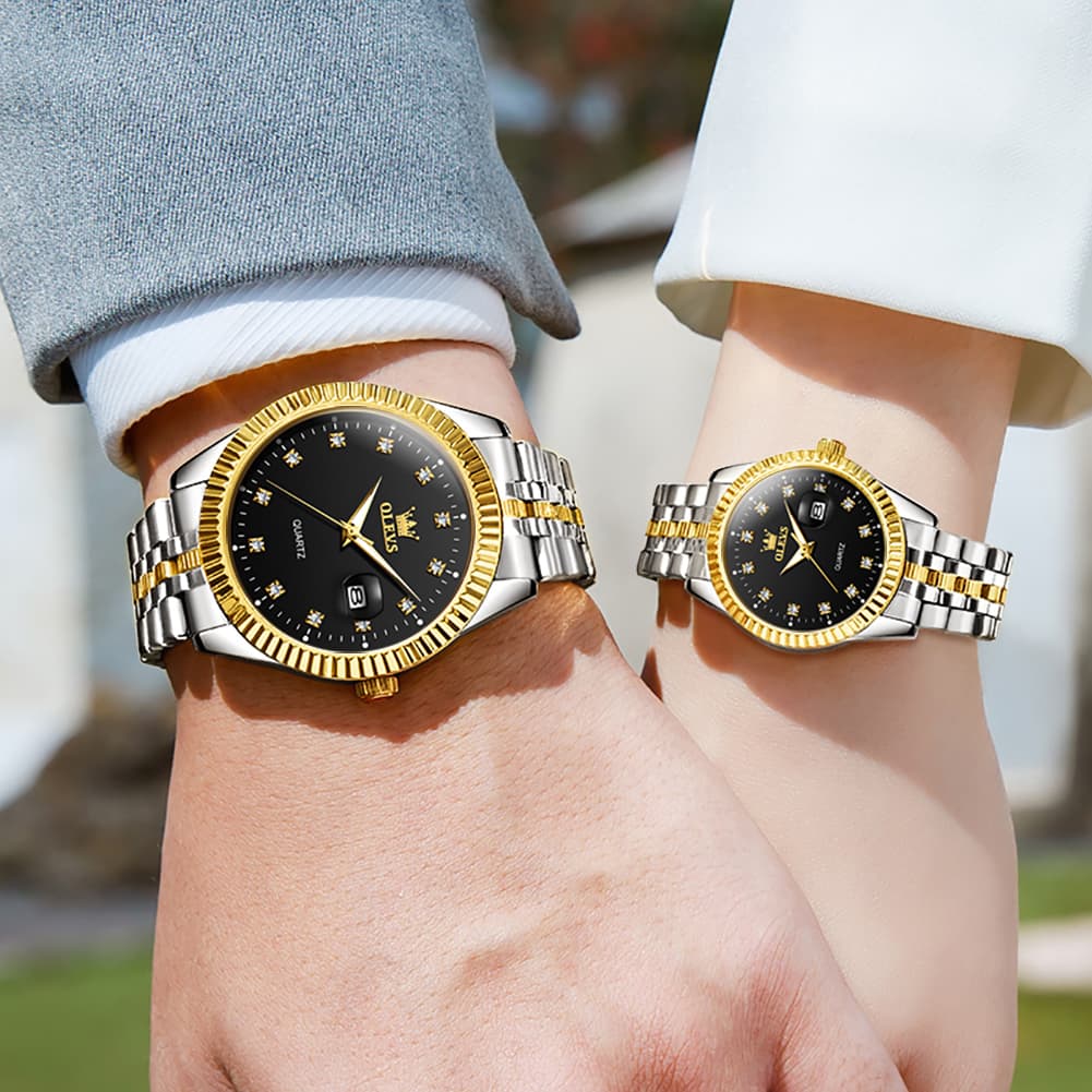 OLEVS Couple Watches Fluted Bezel Diamond Dial Quartz Watch 5526 Jubilee Band for His and Hers - Olevs Watch Store