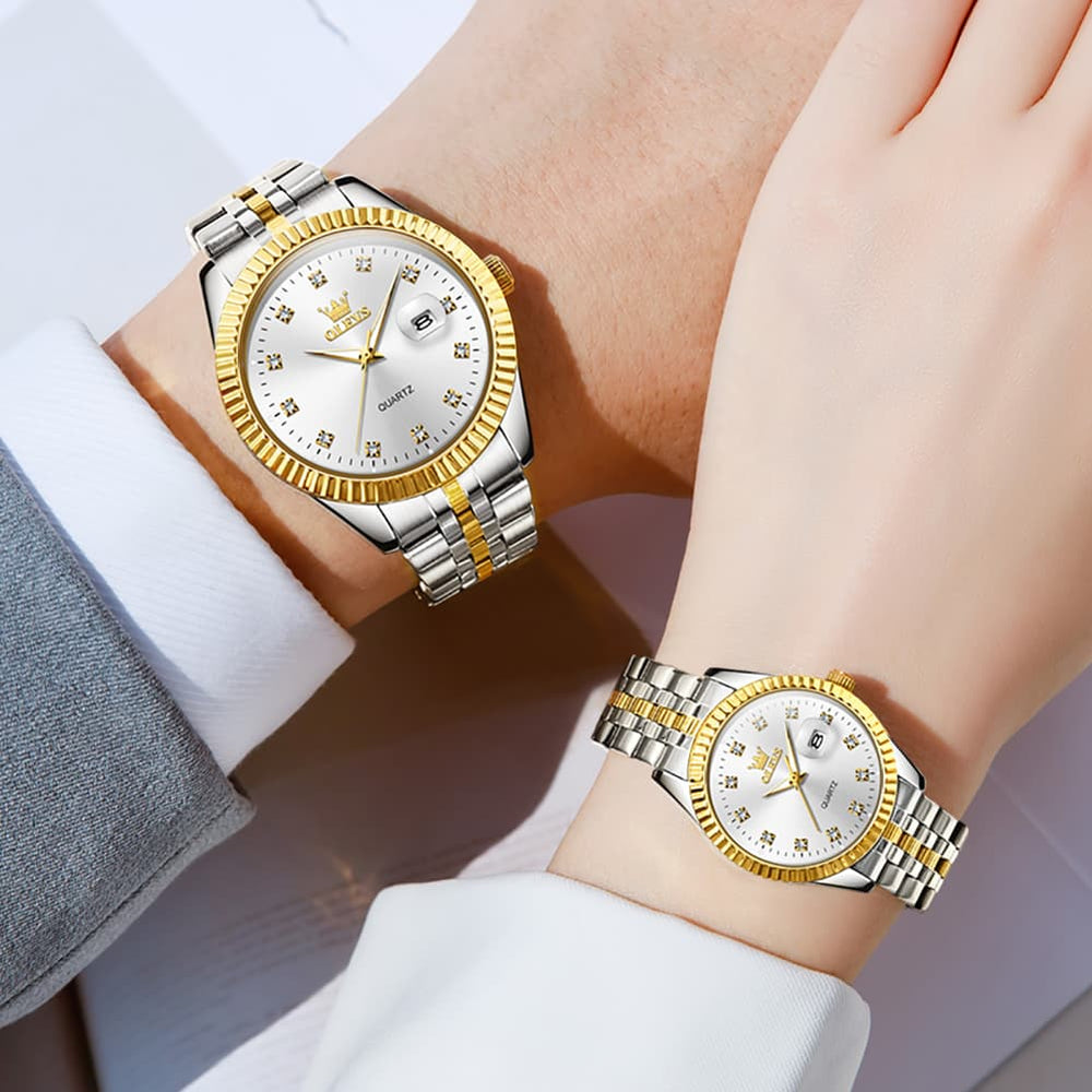 OLEVS Couple Watches Fluted Bezel Diamond Dial Quartz Watch 5526 Jubilee Band for His and Hers - Olevs Watch Store