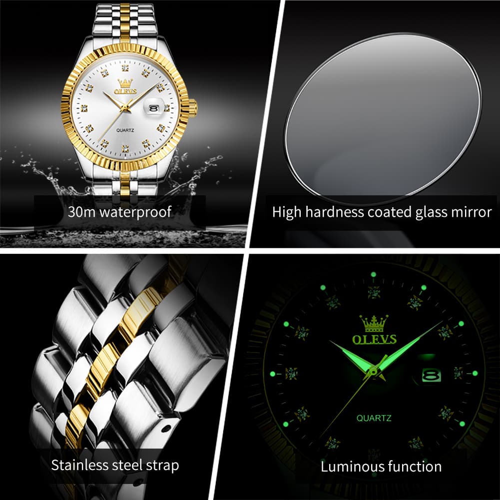 OLEVS Couple Watches Fluted Bezel Diamond Dial Quartz Watch 5526 Jubilee Band for His and Hers - Olevs Watch Store