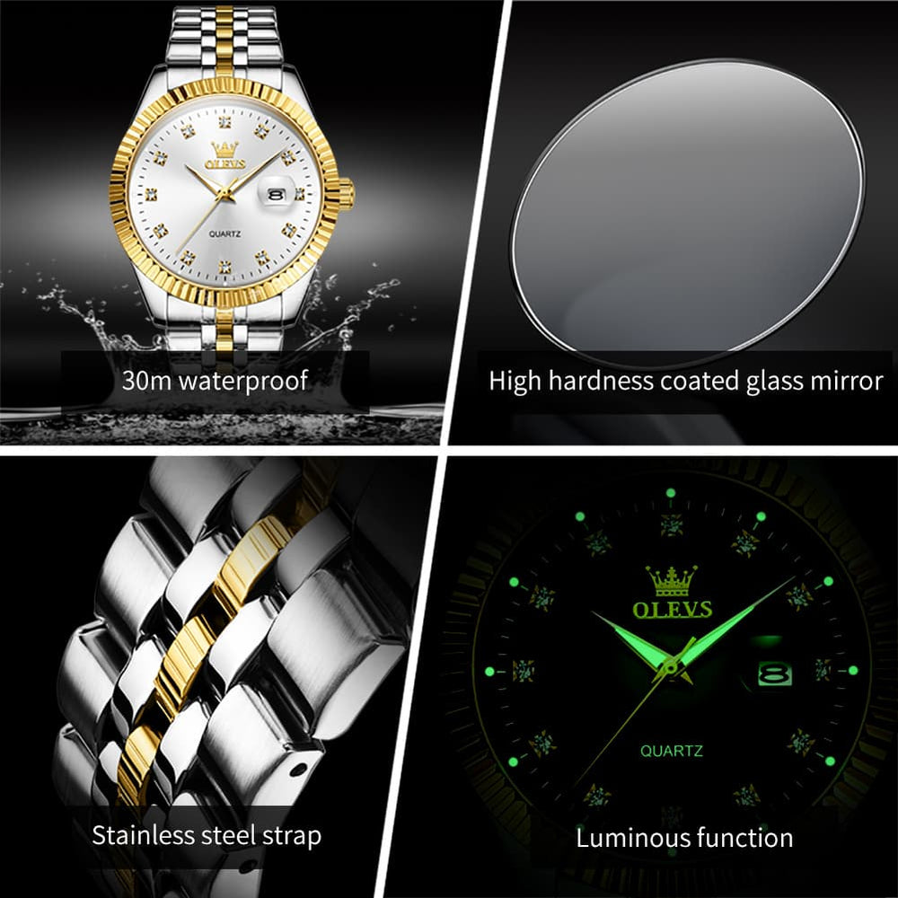 OLEVS Couple Watches Fluted Bezel Diamond Dial Quartz Watch 5526 Jubilee Band for His and Hers - Olevs Watch Store