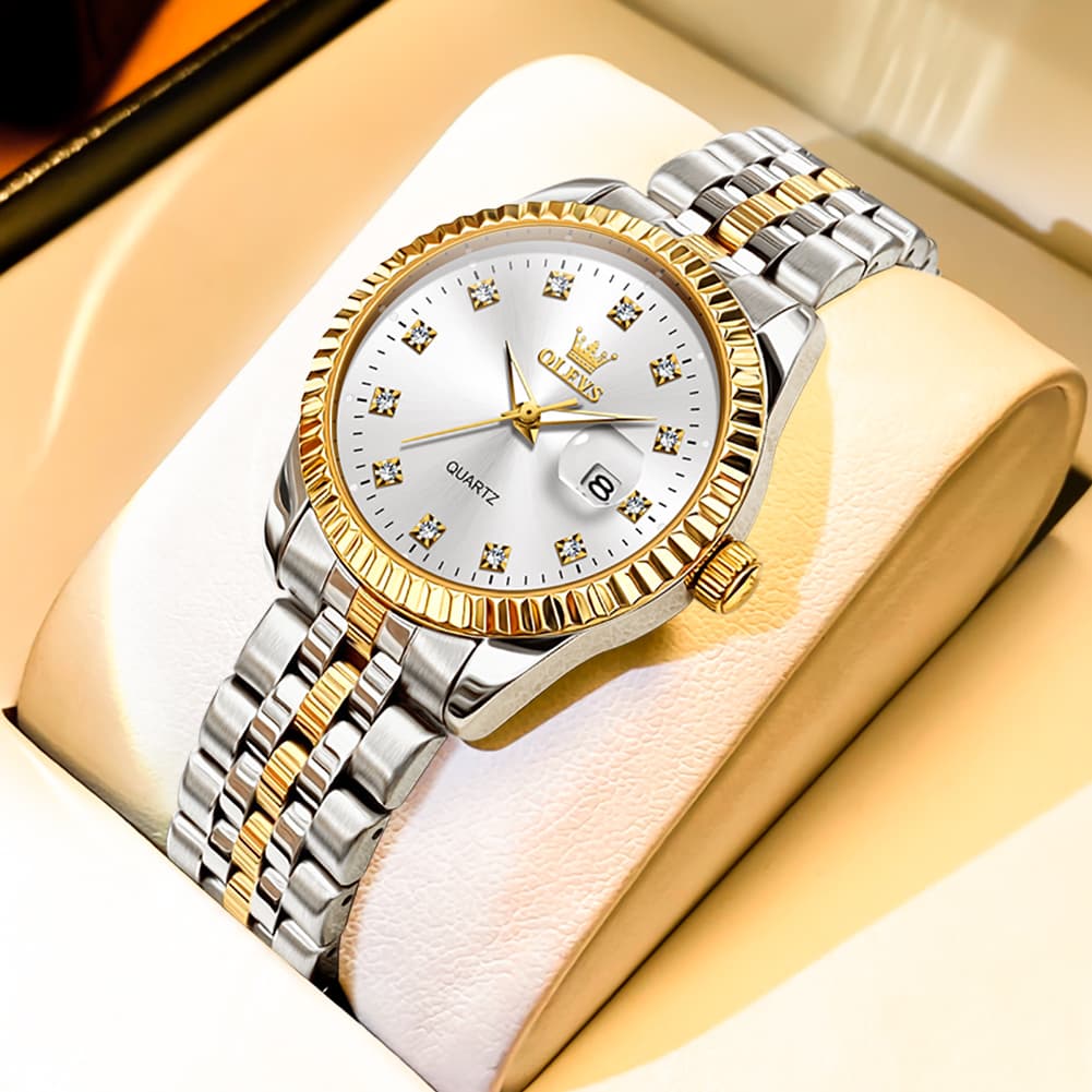OLEVS Couple Watches Fluted Bezel Diamond Dial Quartz Watch 5526 Jubilee Band for His and Hers - Olevs Watch Store