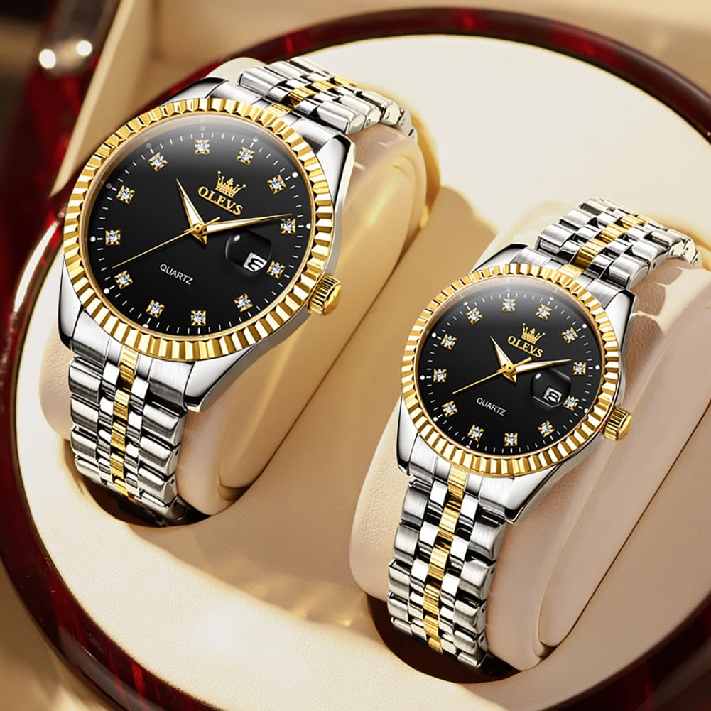 OLEVS Couple Watches Fluted Bezel Diamond Dial Quartz Watch 5526 Jubilee Band for His and Hers - Olevs Watch Store