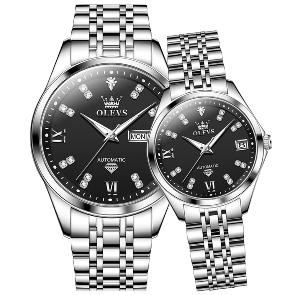 OLEVS Couple Watches Set Automatic Mechanical Diamond Dial 9801 for His and Hers - Silver Black Set Watch | Olevs Watch Store