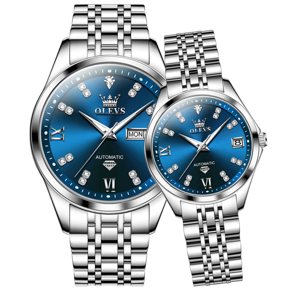 OLEVS Couple Watches Set Automatic Mechanical Diamond Dial 9801 for His and Hers - Silver Blue Set Watch | Olevs Watch Store