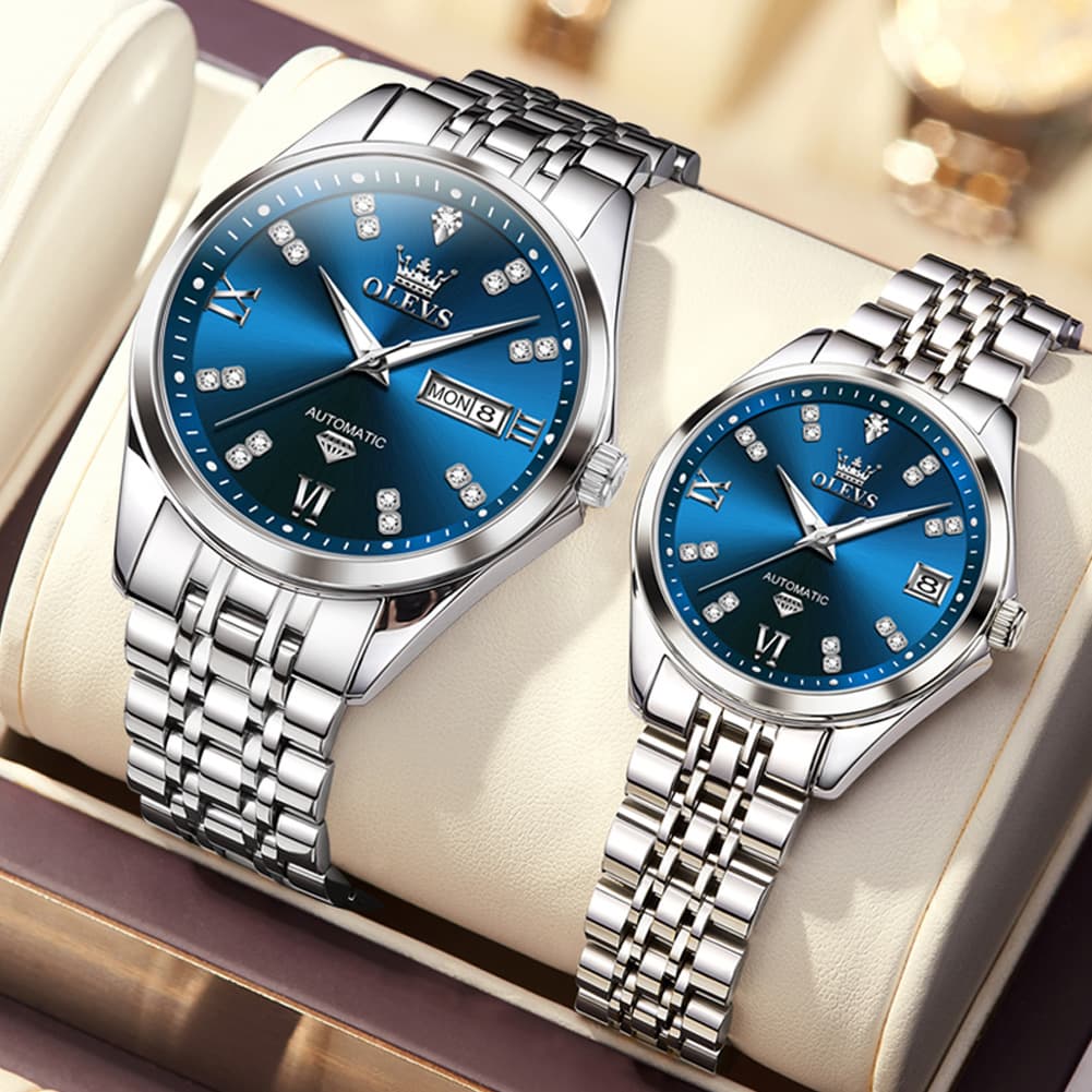 OLEVS Couple Watches Set Automatic Mechanical Diamond Dial 9801 for His and Hers - Silver Grey Set Watch | Olevs Watch Store