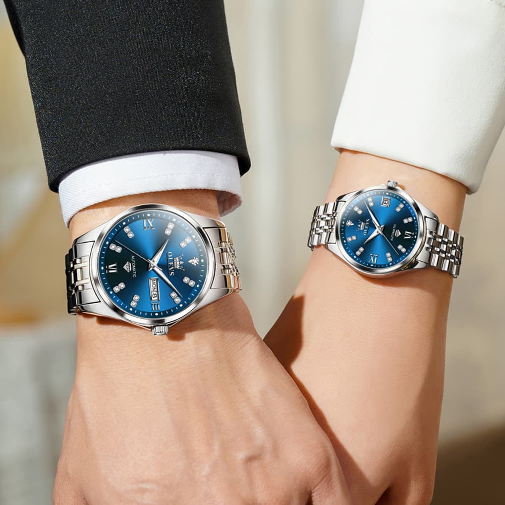 OLEVS Couple Watches Set Automatic Mechanical Diamond Dial 9801 for His and Hers - Silver Grey Set Watch | Olevs Watch Store