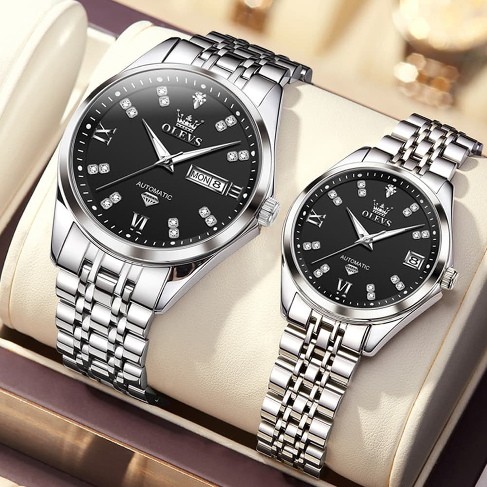 OLEVS Couple Watches Set Automatic Mechanical Diamond Dial 9801 for His and Hers - Silver Grey Set Watch | Olevs Watch Store