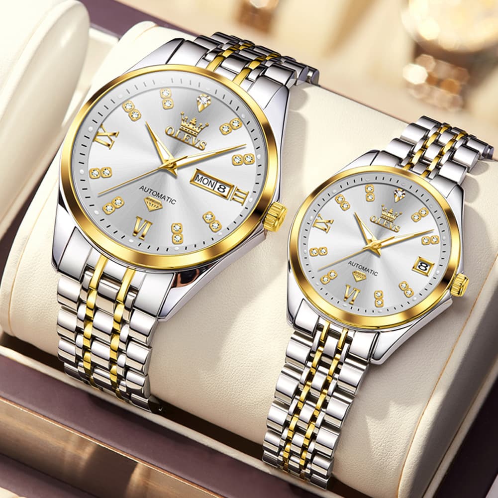 OLEVS Couple Watches Set Automatic Mechanical Diamond Dial 9801 for His and Hers - Silver Grey Set Watch | Olevs Watch Store