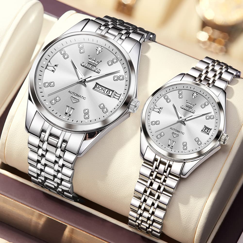 OLEVS Couple Watches Set Automatic Mechanical Diamond Dial 9801 for His and Hers - Silver Grey Set Watch | Olevs Watch Store