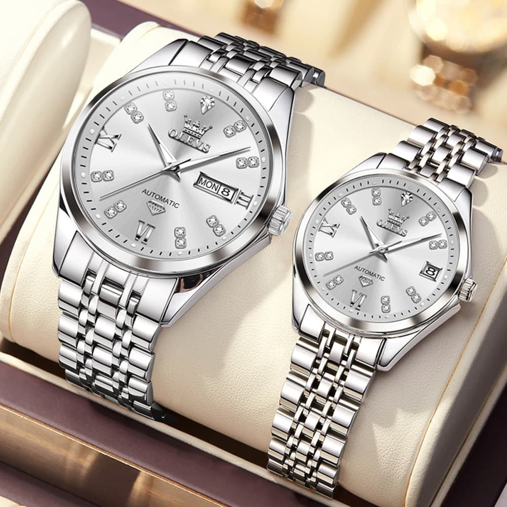 OLEVS Couple Watches Set Automatic Mechanical Diamond Dial 9801 for His and Hers - Silver Grey Set Watch | Olevs Watch Store