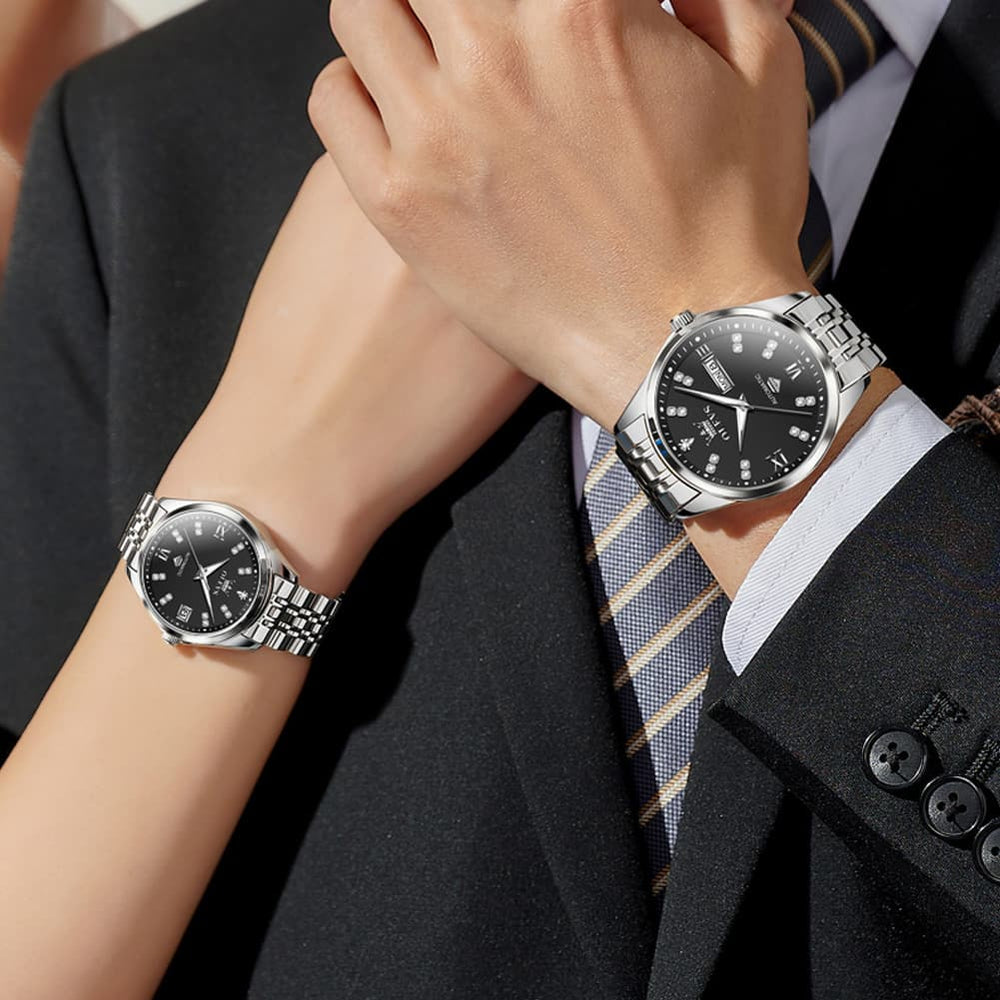 OLEVS Couple Watches Set Automatic Mechanical Diamond Dial 9801 for His and Hers - Silver Grey Set Watch | Olevs Watch Store