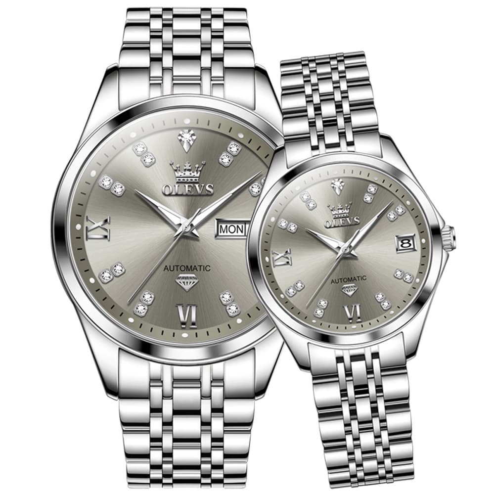 OLEVS Couple Watches Set Automatic Mechanical Diamond Dial 9801 for His and Hers - Silver Grey Set Watch | Olevs Watch Store