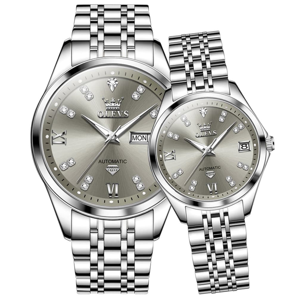 OLEVS Couple Watches Set Automatic Mechanical Diamond Dial 9801 for His and Hers - Silver Grey Set Watch | Olevs Watch Store