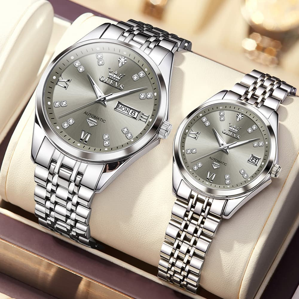 OLEVS Couple Watches Set Automatic Mechanical Diamond Dial 9801 for His and Hers - Silver Grey Set Watch | Olevs Watch Store
