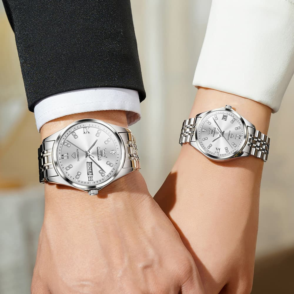 OLEVS Couple Watches Set Automatic Mechanical Diamond Dial 9801 for His and Hers - Silver Grey Set Watch | Olevs Watch Store