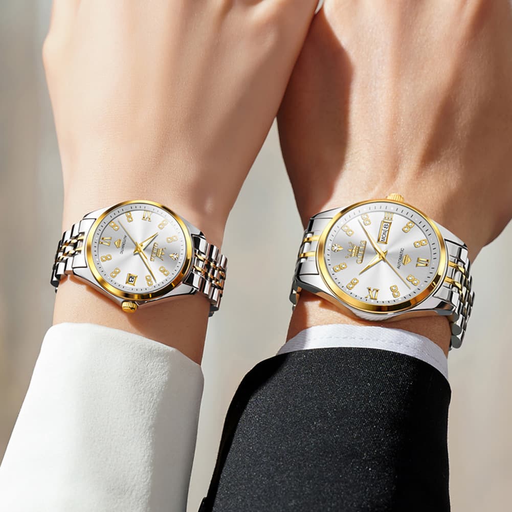 OLEVS Couple Watches Set Automatic Mechanical Diamond Dial 9801 for His and Hers - Silver Grey Set Watch | Olevs Watch Store