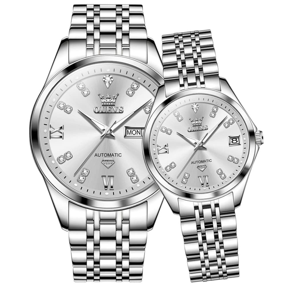 OLEVS Couple Watches Set Automatic Mechanical Diamond Dial 9801 for His and Hers - Silver White Set Watch | Olevs Watch Store