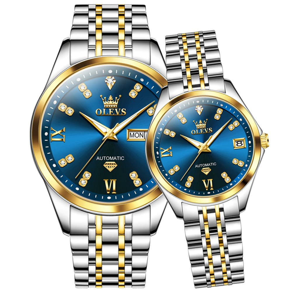 OLEVS Couple Watches Set Automatic Mechanical Diamond Dial 9801 for His and Hers - Two Tone Blue Watch | Olevs Watch Store
