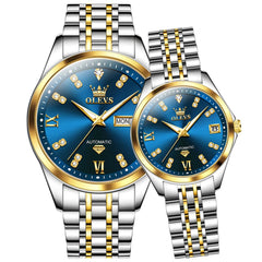 OLEVS Couple Watches Set Automatic Mechanical Diamond Dial 9801 for His and Hers - Two Tone Blue Watch | Olevs Watch Store