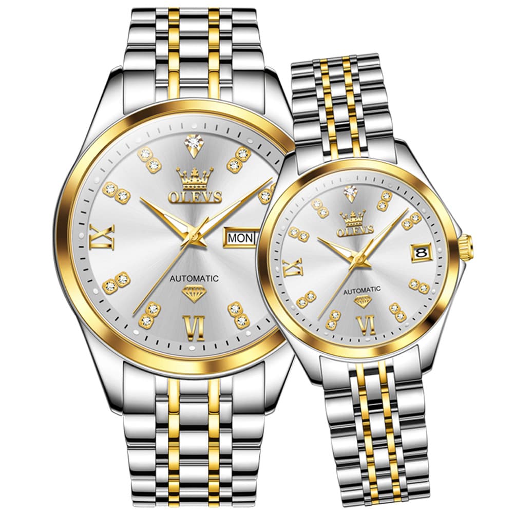 OLEVS Couple Watches Set Automatic Mechanical Diamond Dial 9801 for His and Hers - Two Tone White Watch | Olevs Watch Store