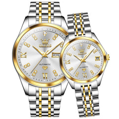 OLEVS Couple Watches Set Automatic Mechanical Diamond Dial 9801 for His and Hers - Two Tone White Watch | Olevs Watch Store