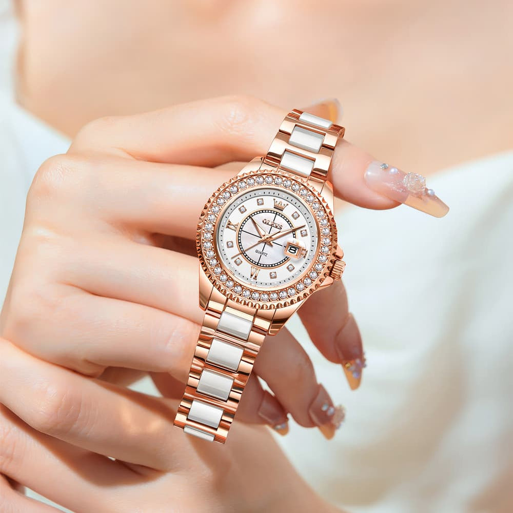 OLEVS Crystal Ceramic Luminous Quartz Watch for Women 3685 - Gold Watch | Olevs Watch Store