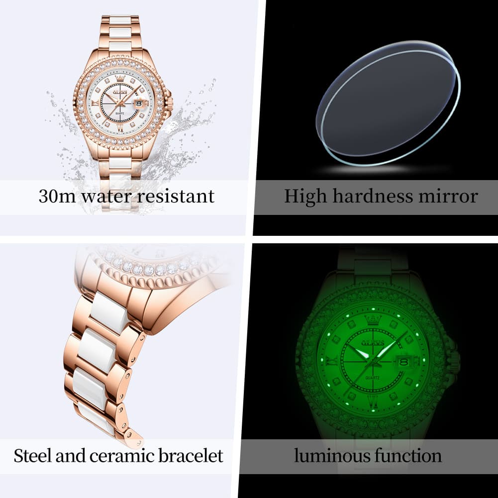 OLEVS Crystal Ceramic Luminous Quartz Watch for Women 3685 - Gold Watch | Olevs Watch Store