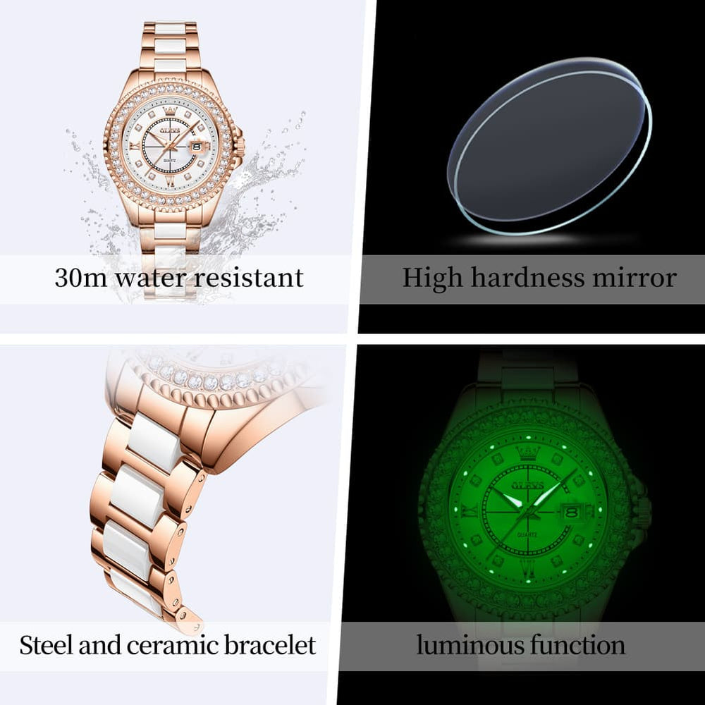 OLEVS Crystal Ceramic Luminous Quartz Watch for Women 3685 - Gold Watch | Olevs Watch Store