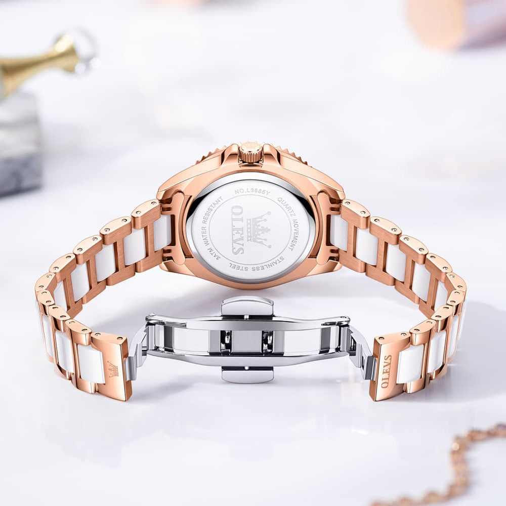 OLEVS Crystal Ceramic Luminous Quartz Watch for Women 3685 - Gold Watch | Olevs Watch Store