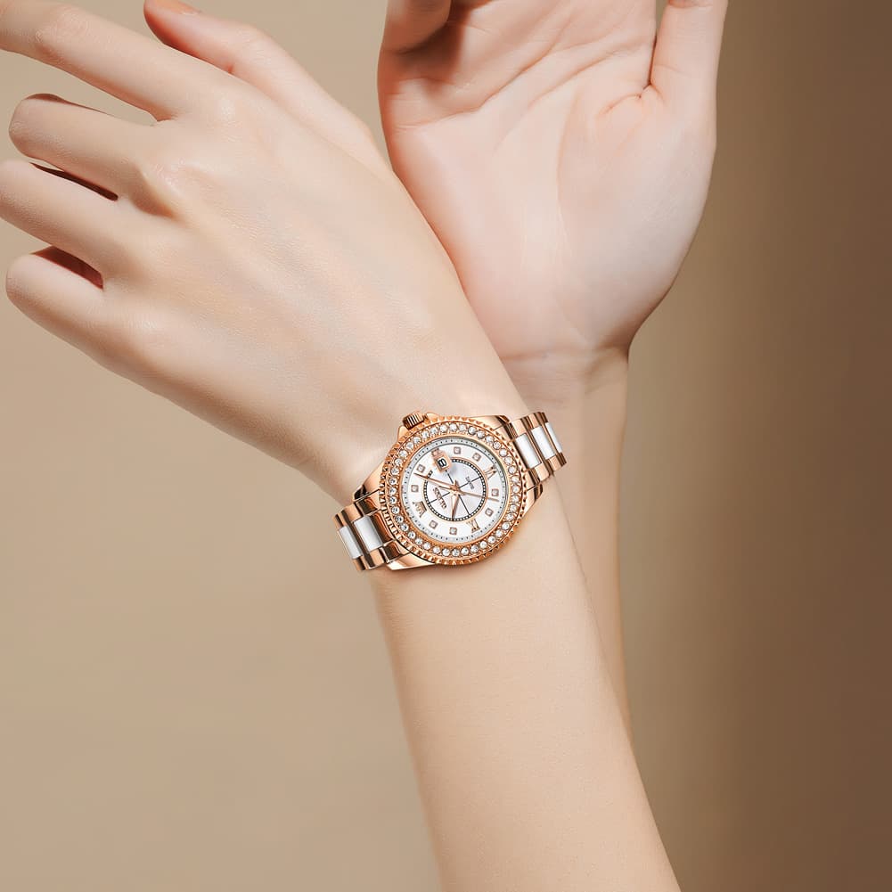 OLEVS Crystal Ceramic Luminous Quartz Watch for Women 3685 - Gold Watch | Olevs Watch Store