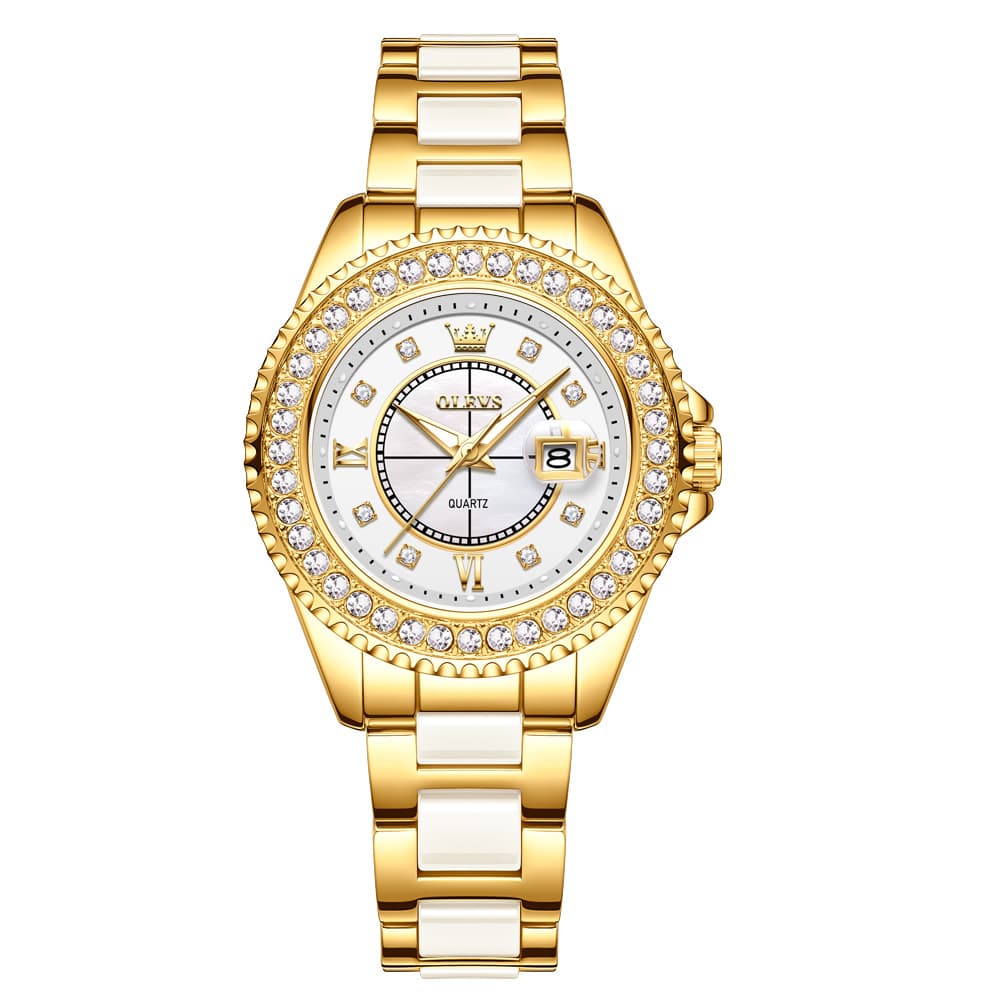OLEVS Crystal Ceramic Luminous Quartz Watch for Women 3685 - Gold Watch | Olevs Watch Store
