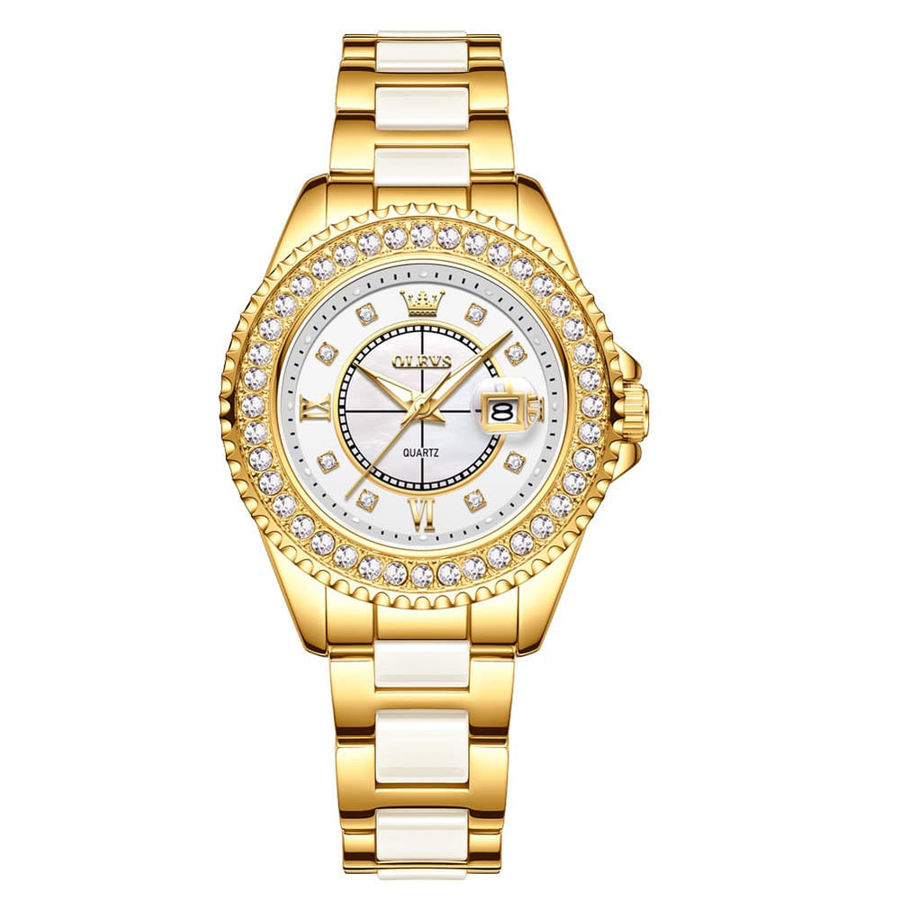 OLEVS Crystal Ceramic Luminous Quartz Watch for Women 3685 - Gold Watch | Olevs Watch Store