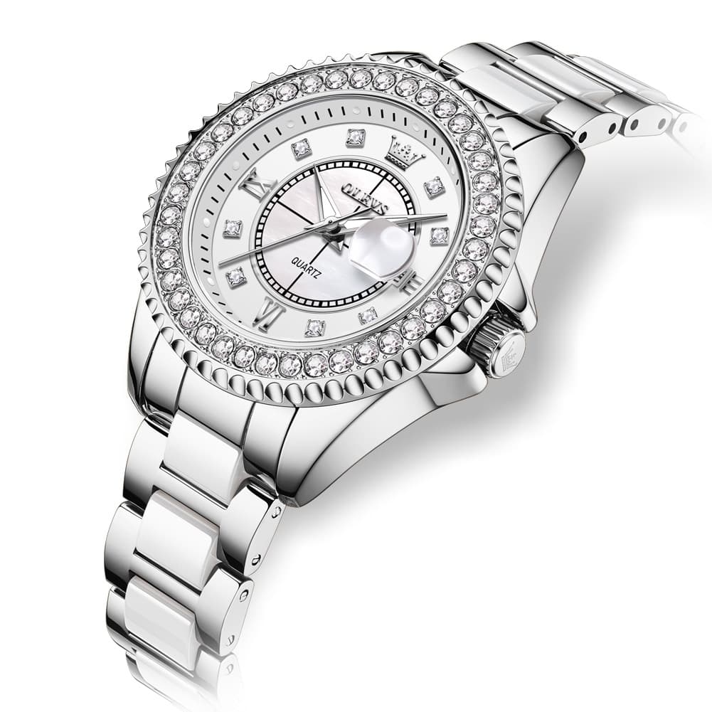 OLEVS Crystal Ceramic Luminous Quartz Watch for Women 3685 - Silver Watch | Olevs Watch Store