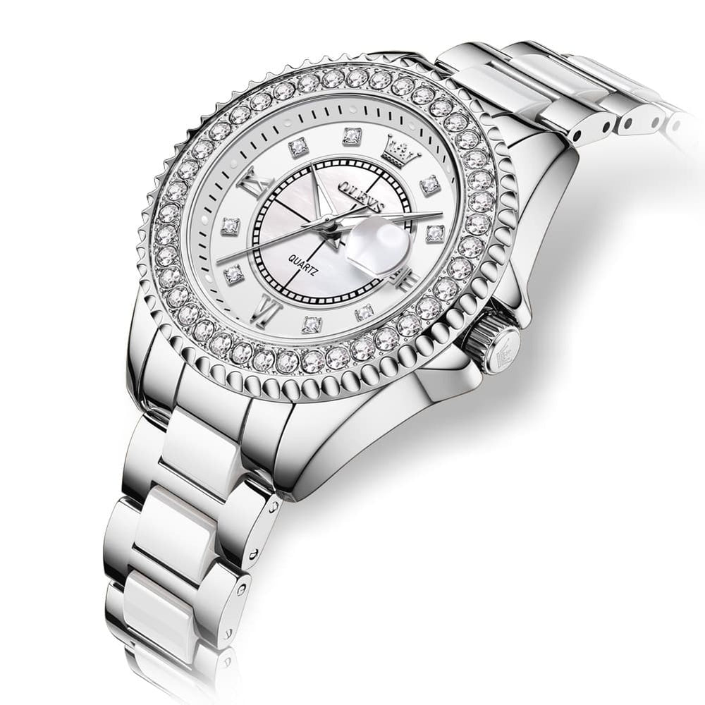 OLEVS Crystal Ceramic Luminous Quartz Watch for Women 3685 - Silver Watch | Olevs Watch Store