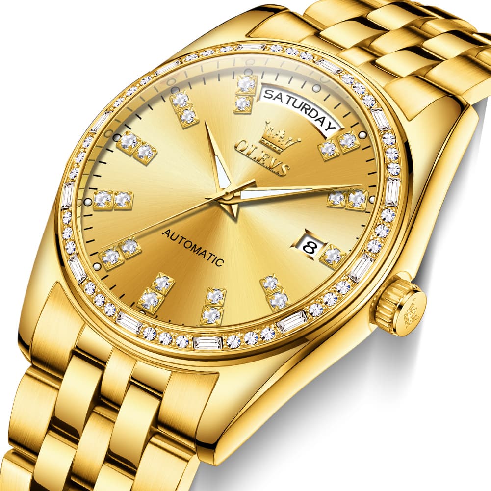 OLEVS Diamond Bezel Day Date Automatic Mechanical Watch 9802 for Men - Full Gold Watch | Olevs Watch Store