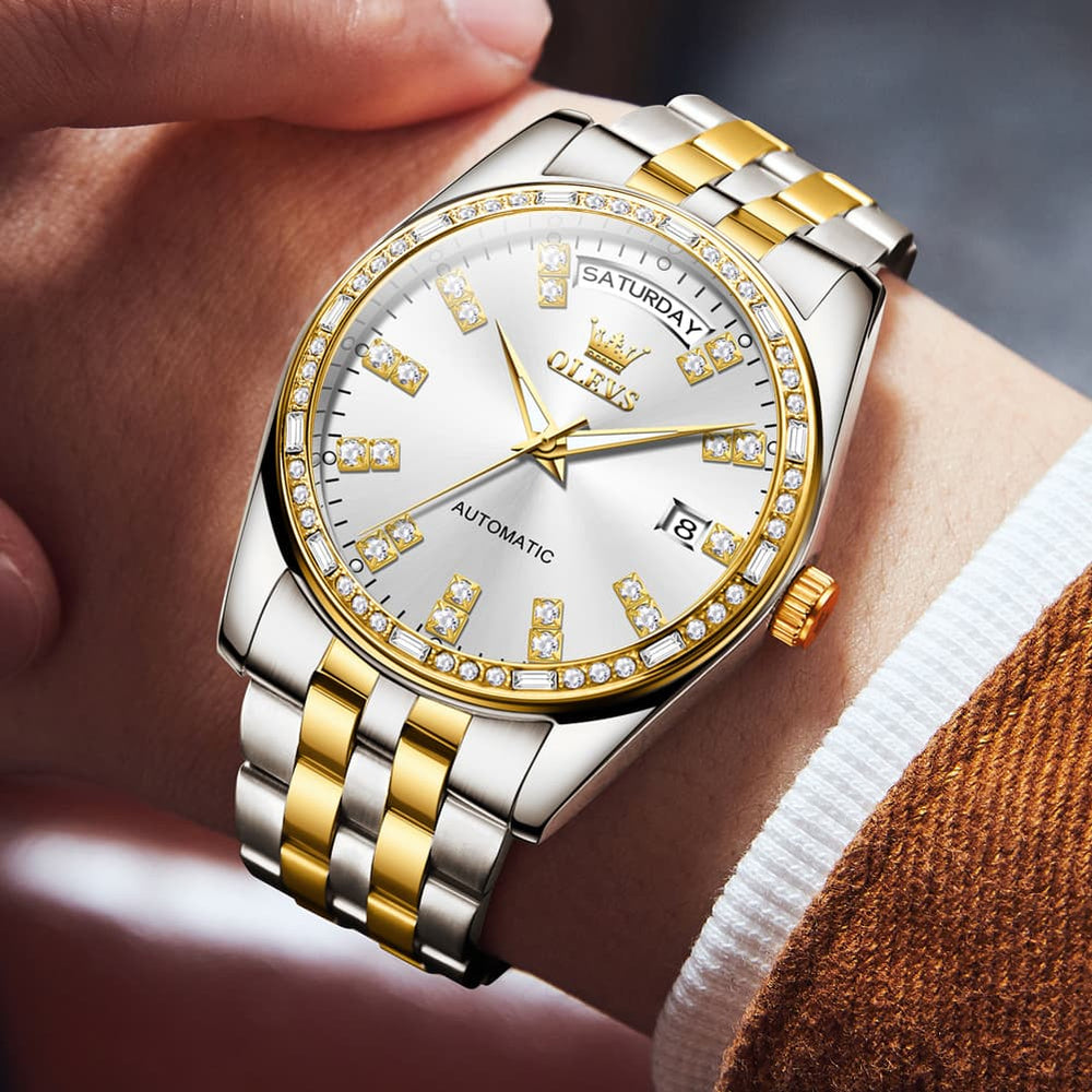 OLEVS Diamond Bezel Day Date Automatic Mechanical Watch 9802 for Men - Full Gold Watch | Olevs Watch Store