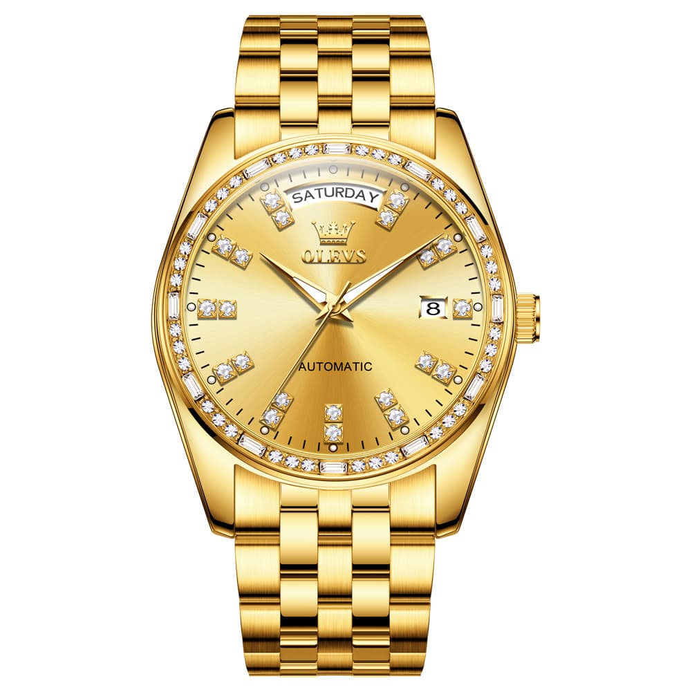 OLEVS Diamond Bezel Day Date Automatic Mechanical Watch 9802 for Men - Full Gold Watch | Olevs Watch Store