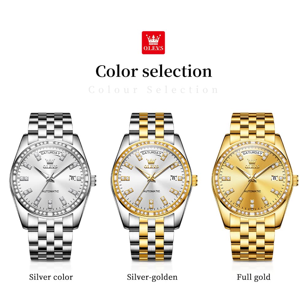 OLEVS Diamond Bezel Day Date Automatic Mechanical Watch 9802 for Men - Full Gold Watch | Olevs Watch Store
