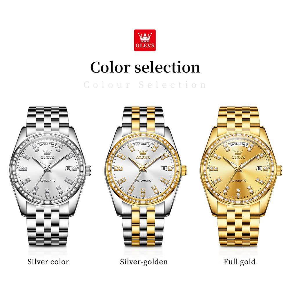 OLEVS Diamond Bezel Day Date Automatic Mechanical Watch 9802 for Men - Full Gold Watch | Olevs Watch Store