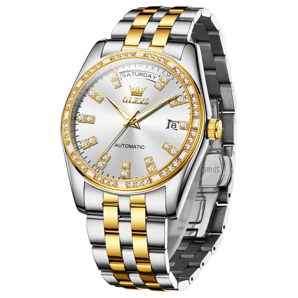 OLEVS Diamond Bezel Day Date Automatic Mechanical Watch 9802 for Men - Full Gold Watch | Olevs Watch Store