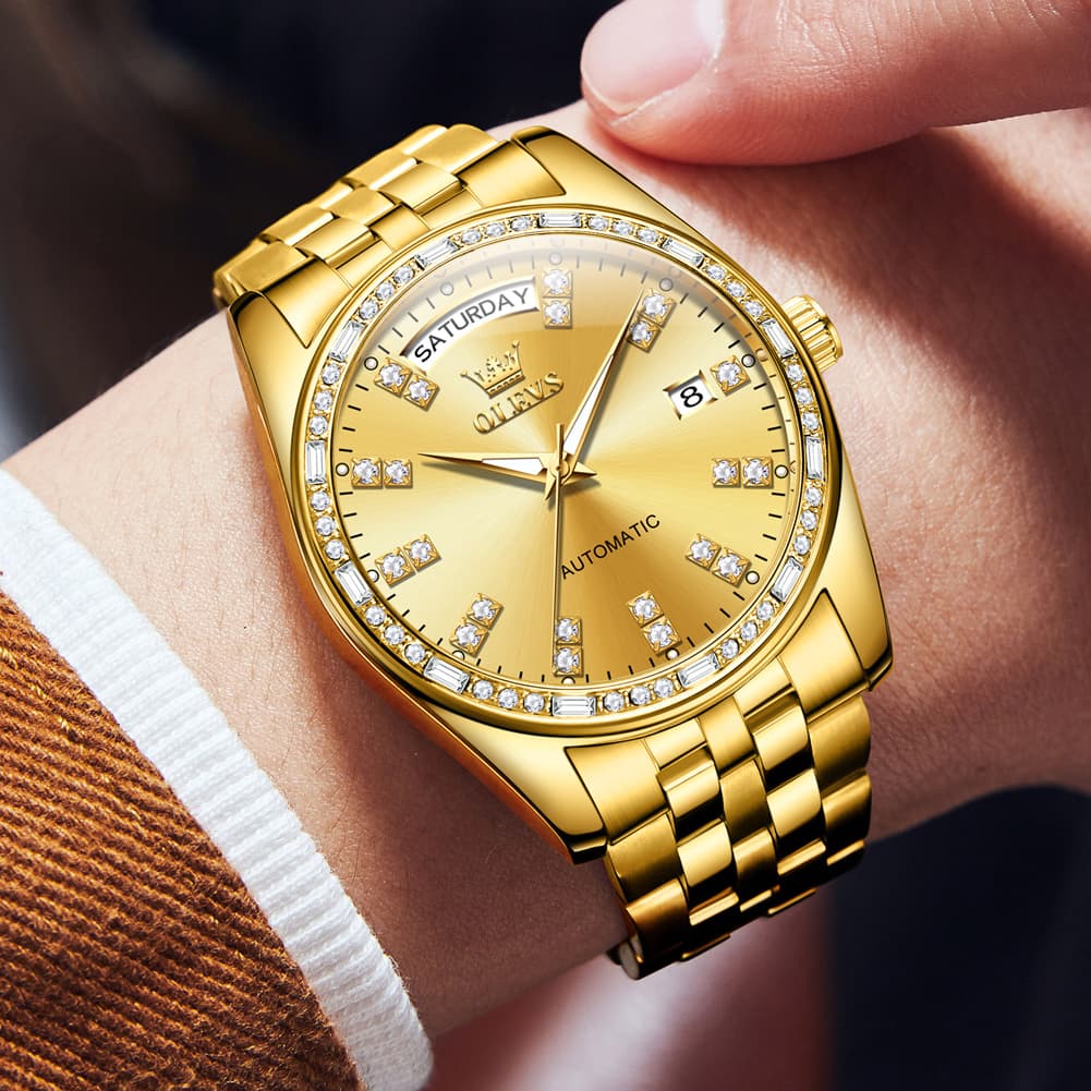 OLEVS Diamond Bezel Day Date Automatic Mechanical Watch 9802 for Men - Full Gold Watch | Olevs Watch Store