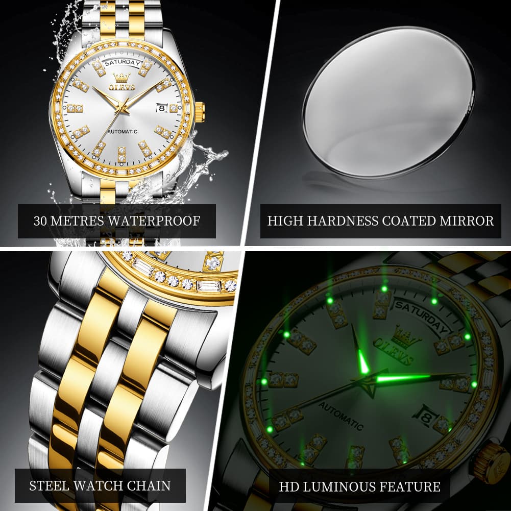 OLEVS Diamond Bezel Day Date Automatic Mechanical Watch 9802 for Men - Full Gold Watch | Olevs Watch Store