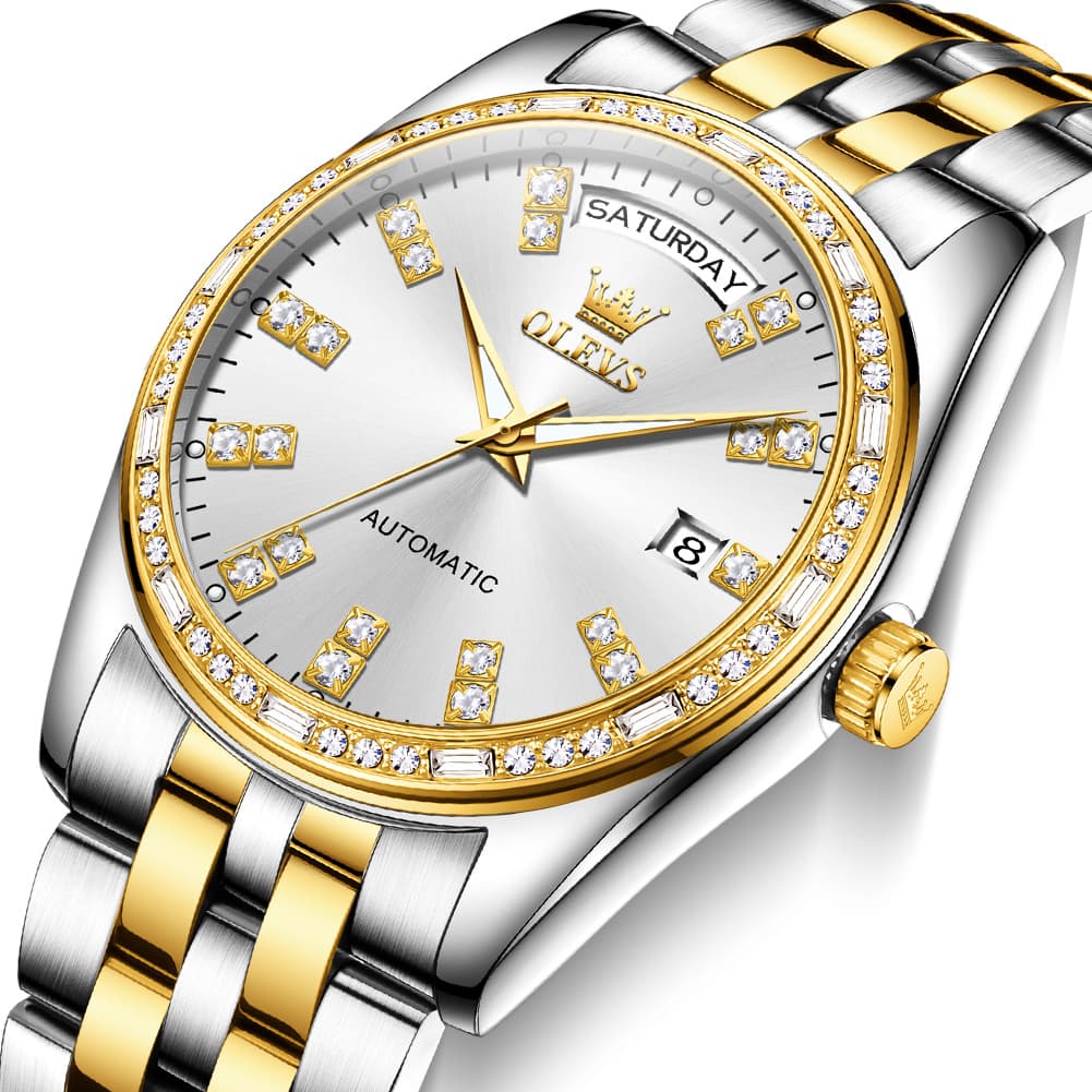OLEVS Diamond Bezel Day Date Automatic Mechanical Watch 9802 for Men - Full Gold Watch | Olevs Watch Store