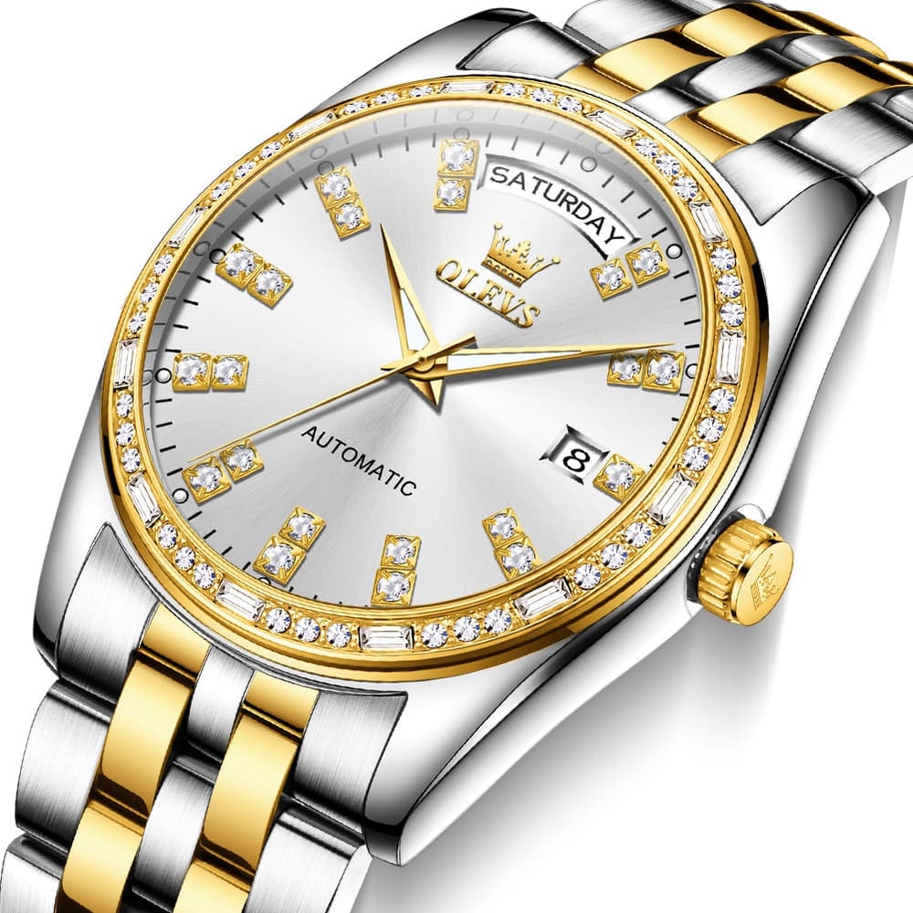 OLEVS Diamond Bezel Day Date Automatic Mechanical Watch 9802 for Men - Full Gold Watch | Olevs Watch Store
